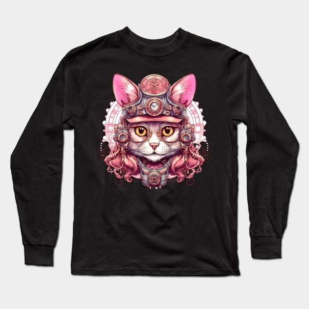 Pink Steampunk Cat Long Sleeve T-Shirt by Chromatic Fusion Studio